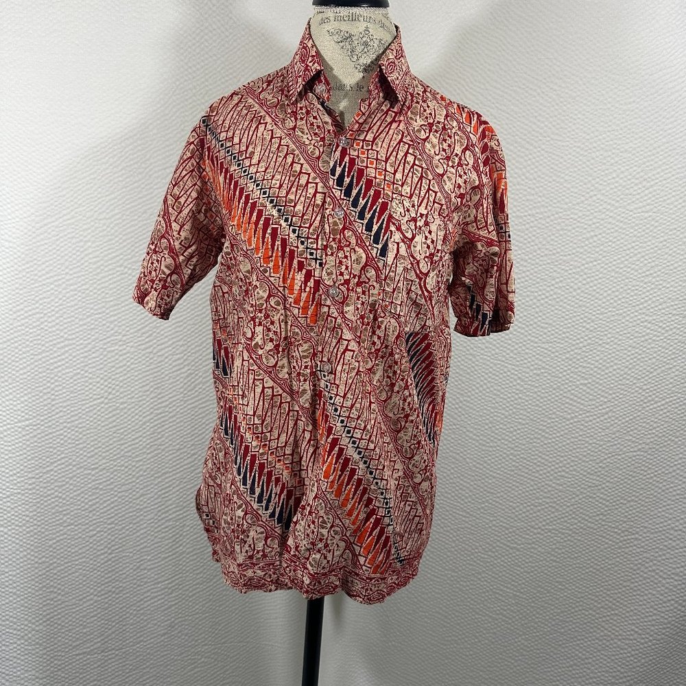 Vintage 90's Java Batik Hawaiian Shirt Button Up 1 pocket Abstract repeat
